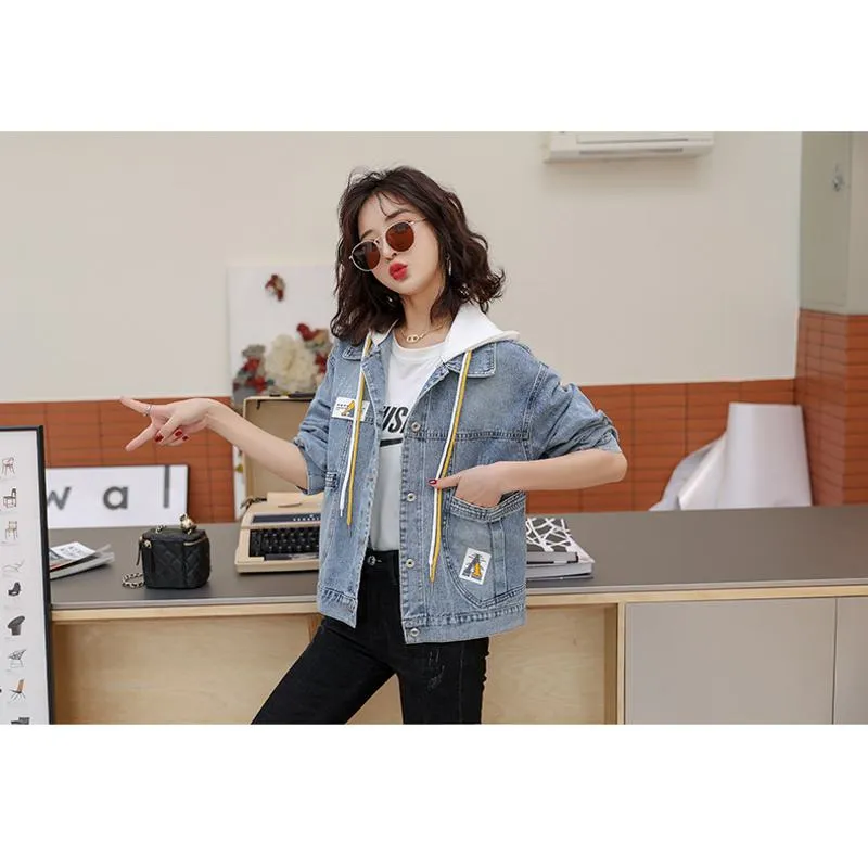 Patchwork Cropped Loose Fit Hooded Denim Coat