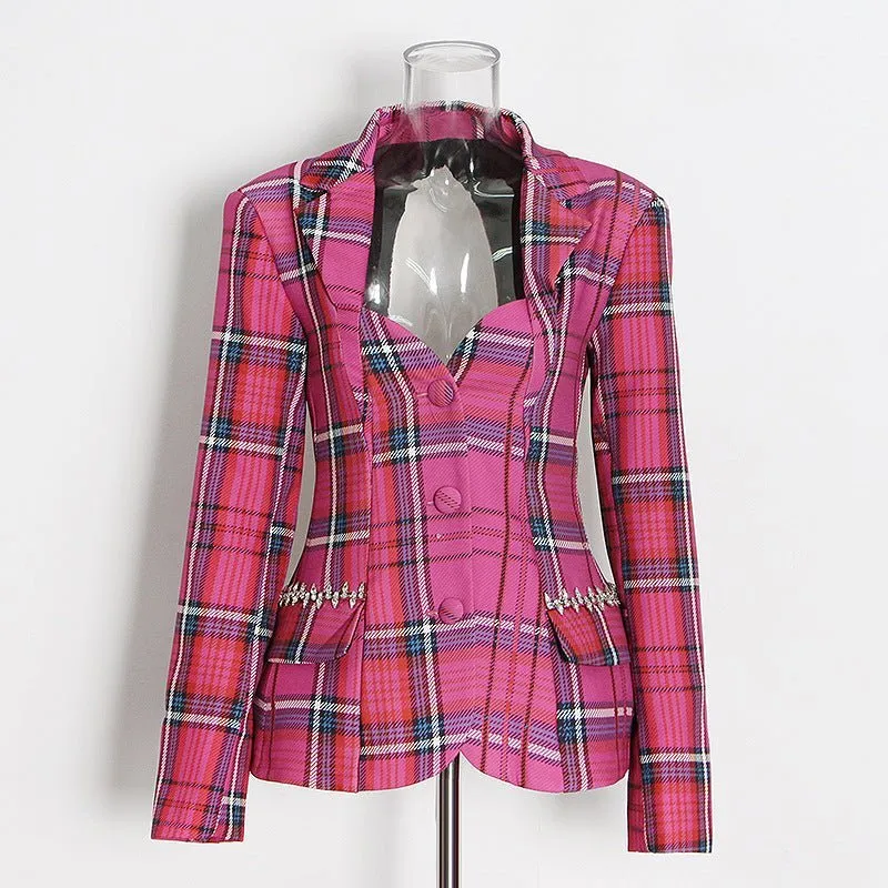 Pre Order:  Plaid Hollow Out Back Blazer - @theestylishp