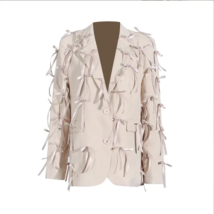 Pre Order:  Spliced V-Neck 3D Bow Long Sleeved Blazer Jacket