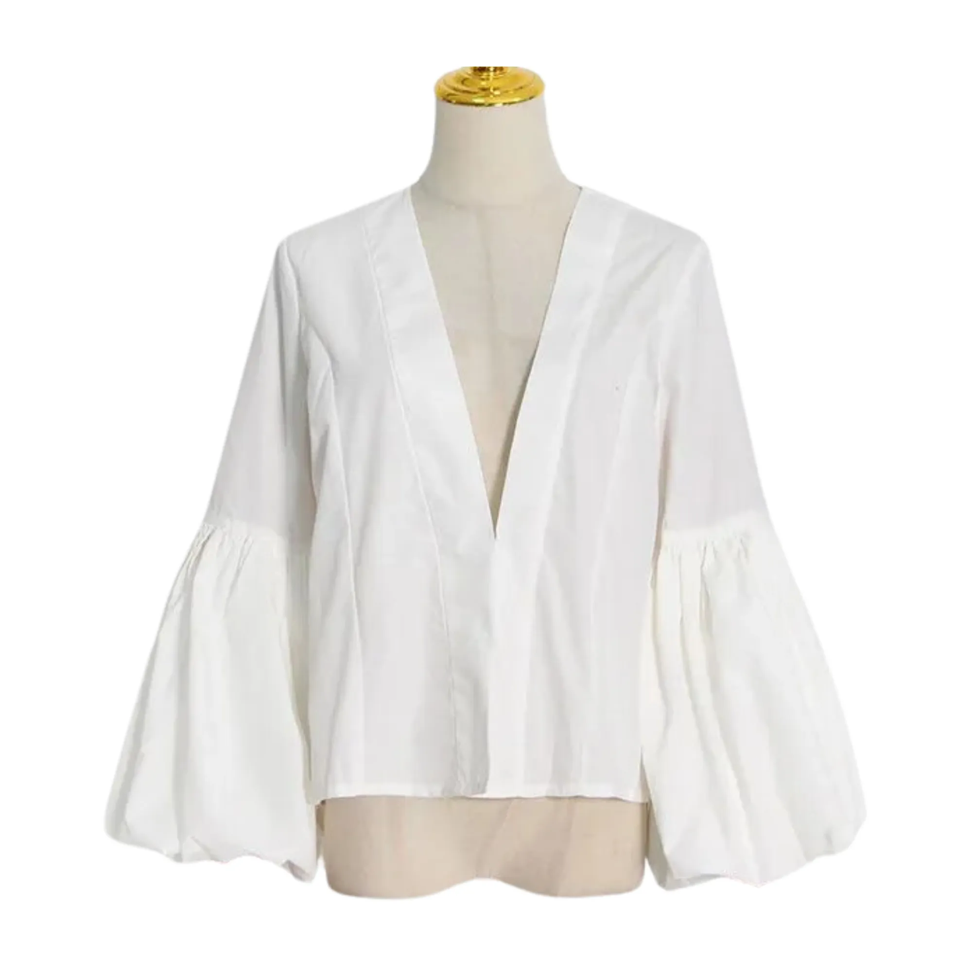 Pre Order:  Vintage White V-Neck Puff Sleeve Single-Breasted Top