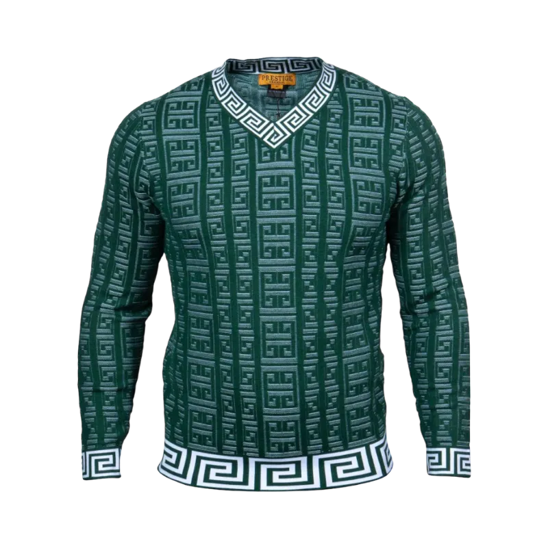 Prestige Green V-Neck Men's Pullover Sweaters Greek Key Design