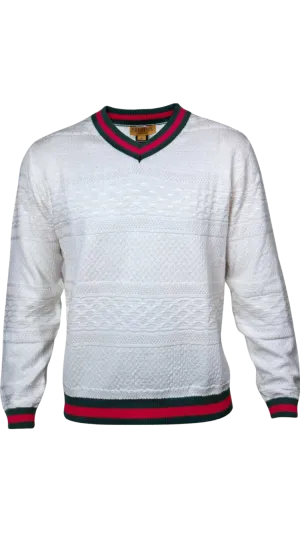 Prestige White Men's V-neck Sweater with Red and Green Stripes