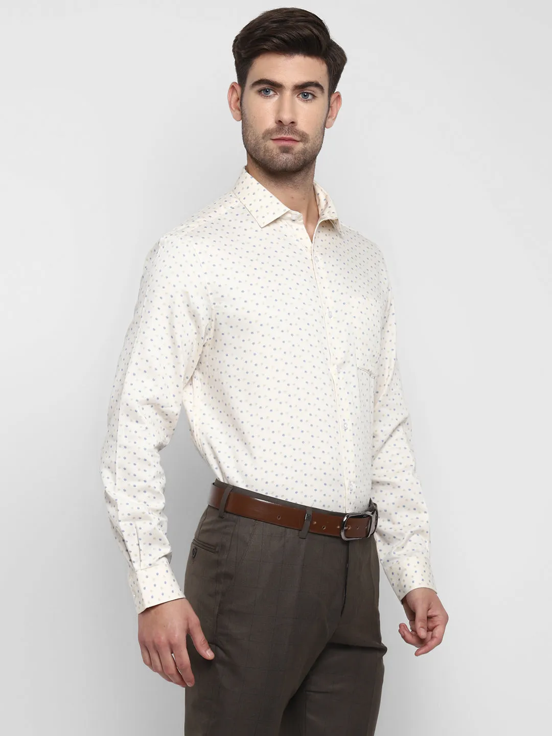 Printed Cream Regular Fit Formal Shirt