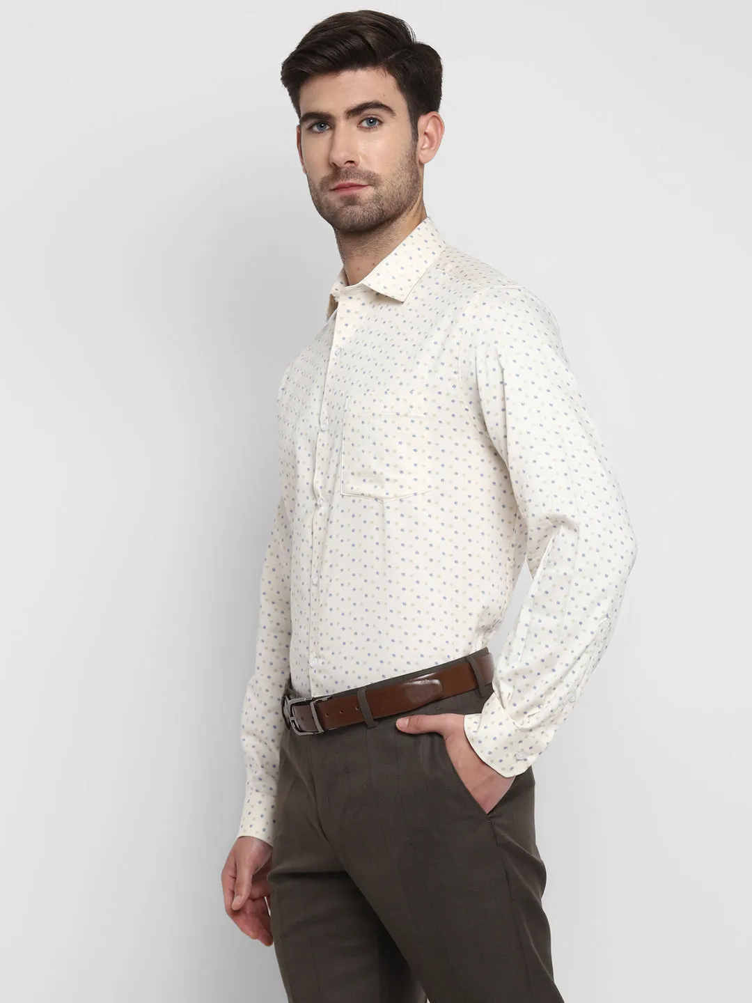 Printed Cream Regular Fit Formal Shirt