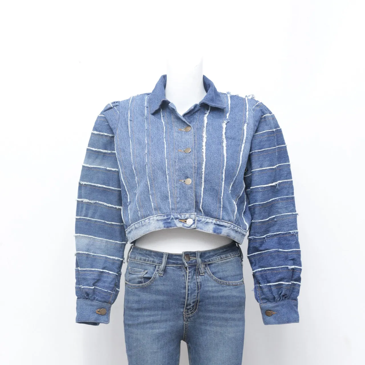 Rework Denim Stripped Crop Jackets