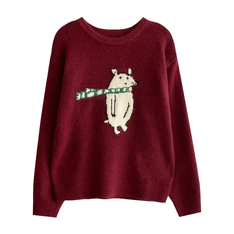 round neck cute cartoon embroidery design long-sleeved knitted sweater      S4683