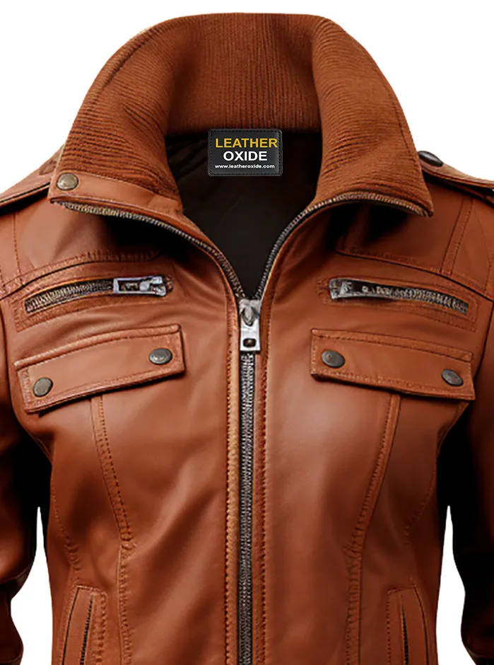 Strap Pocket Leather Jacket Tan Brown