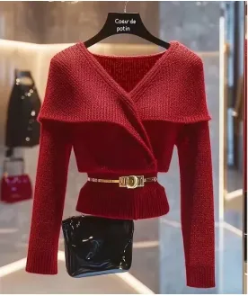 V-Neck Belted Sweater