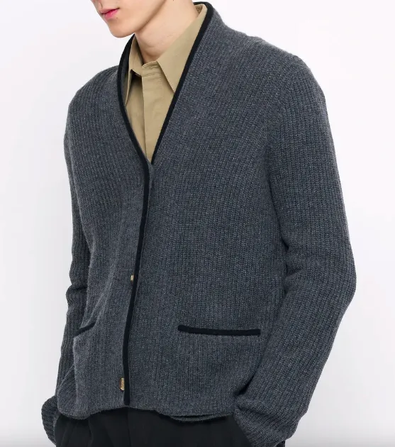 V-Neck Gray/Black Pockets Trimmed Cardigan