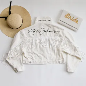 (White Fringe) Custom Mrs White Fringe Jean Jacket