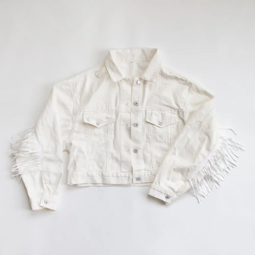 (White Fringe) Custom Mrs White Fringe Jean Jacket