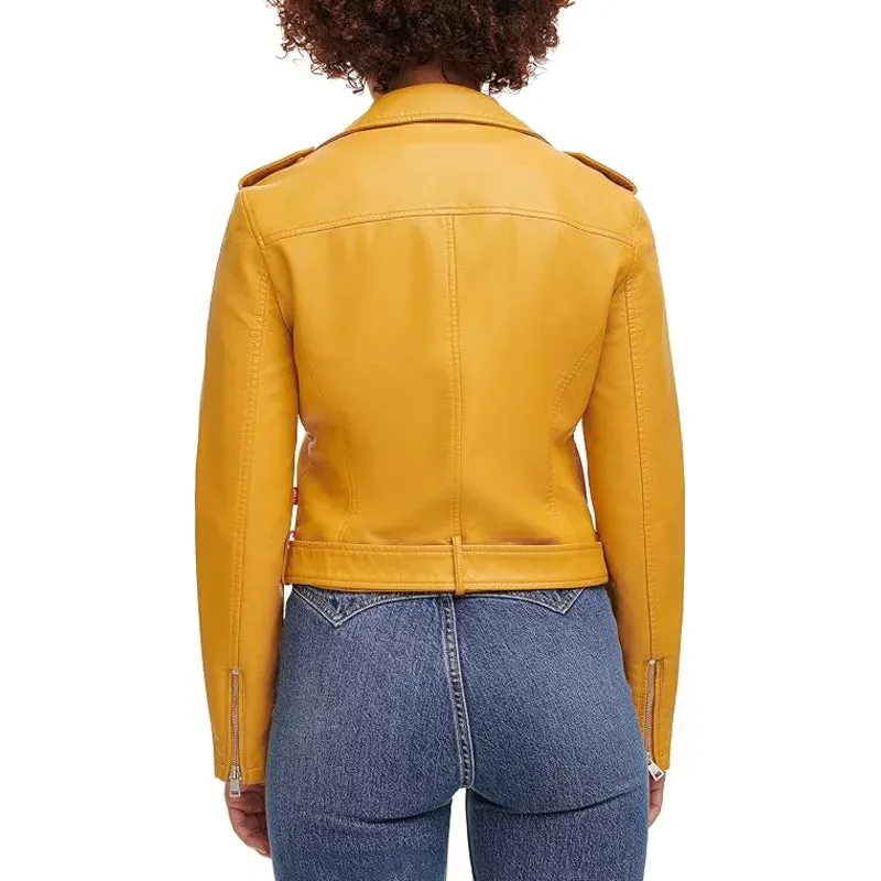 Women's Belted Yellow Leather Jacket