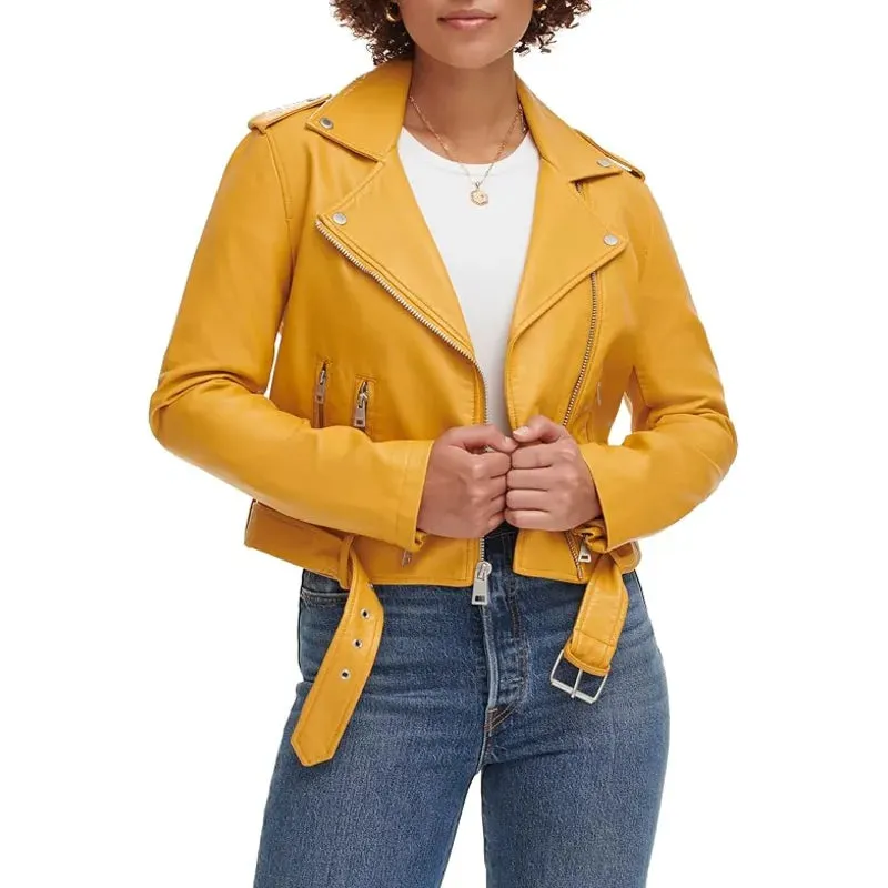 Women's Belted Yellow Leather Jacket