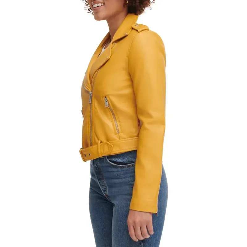 Women's Belted Yellow Leather Jacket