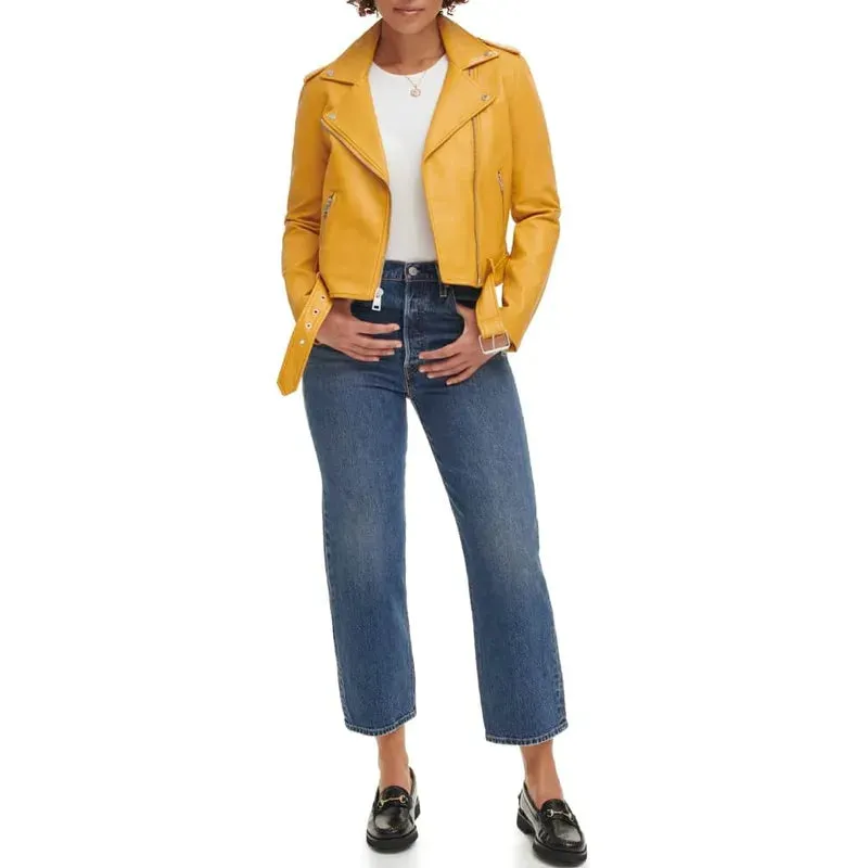 Women's Belted Yellow Leather Jacket